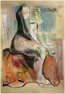 Sitzende-auf-orangem-Tuch-210x300 in weibliche Figur